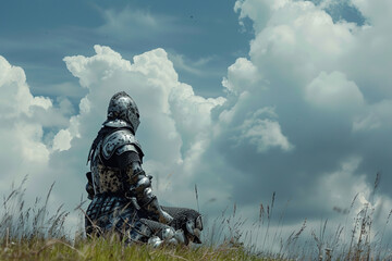 A fantastic royal knight in armor guards the castle chambers