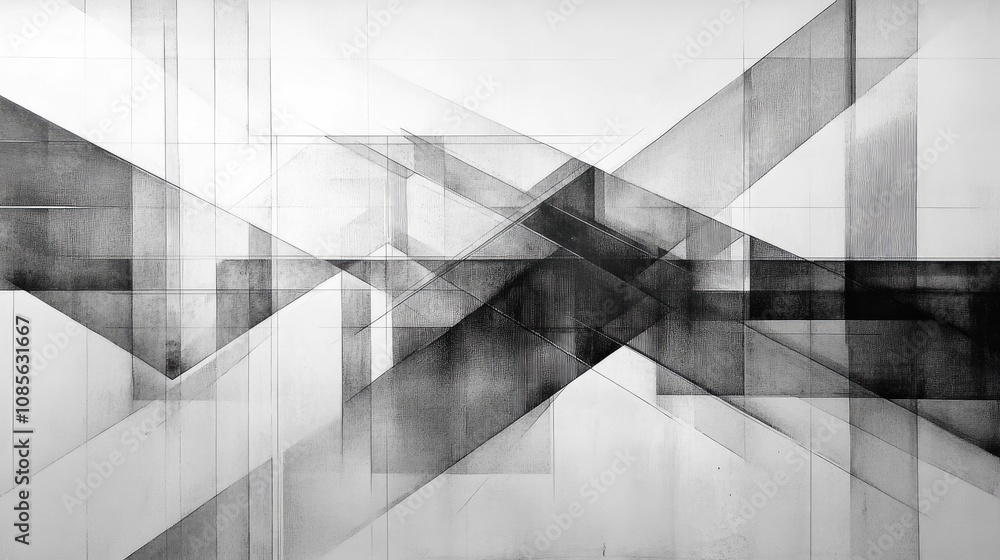 Poster abstract black and white geometric composition featuring intersecting lines and shapes creating a se