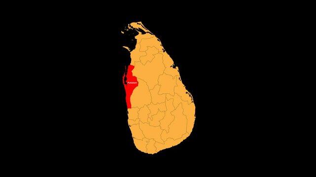 Puttalam map animated video. The location is highlighted on the Srilanka map. Colour map with transparent background in video format.