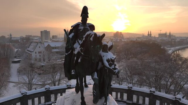 Monument of Kaiser Wilhelm I the First, Close Up Aerial Shot in Koblenz covered with Snow, Germany, Rheinland-Pfalz. 