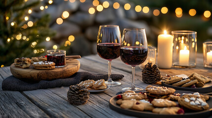 Fototapeta premium Mulled Wine Glasses and Cookies on a Wooden Table with String Lights