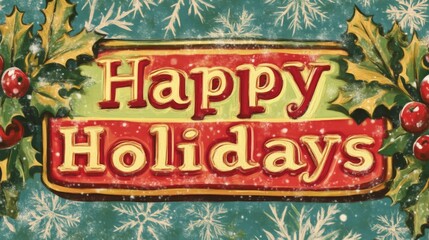 Happy Holidays Greeting Card with Holly and Snowflakes