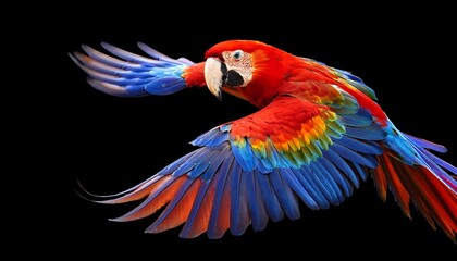 Obraz premium A bright red macaw has its wings spread out in flight, revealing bright red, blue and yellow feathers against a black background.