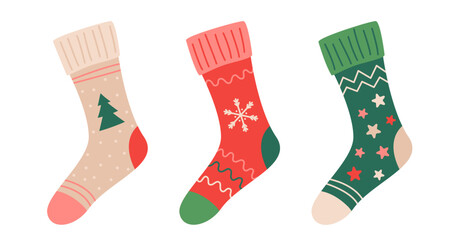 Christmas stockings with holiday ornaments, snowflake, christmas tree. Red, green Christmas socks with cute xmas patterns