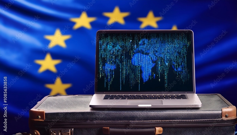 Poster a laptop displaying code sits on a case against a backdrop of the european union flag.