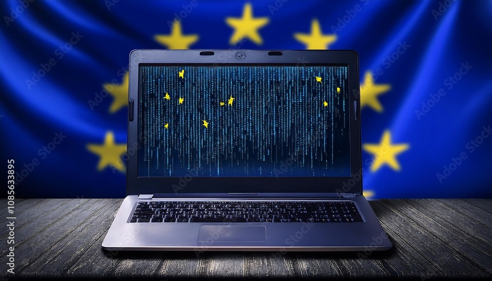 Poster a laptop displaying code sits on a case against a backdrop of the european union flag.