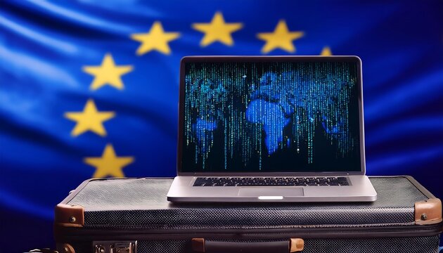A laptop displaying code sits on a case against a backdrop of the European Union flag.