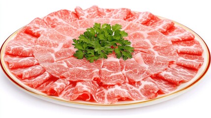 Fototapeta premium Sliced Raw Pork Belly with Intricate Marbling Arranged Beautifully on a White Plate Garnished with Fresh Green Cilantro Leaves for Culinary Presentation
