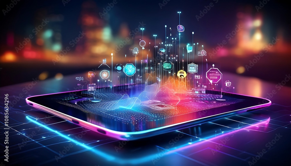Poster a tablet to activate a holographic interface with colorful icons and connecting lines.