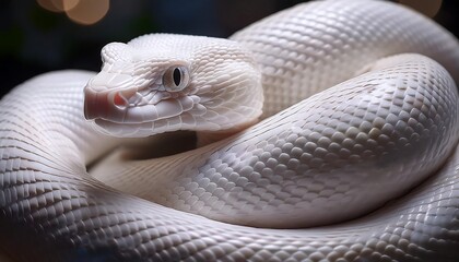 Fototapeta premium A shiny white snake coiled around its body, with intricate scales that make it look realistic.
