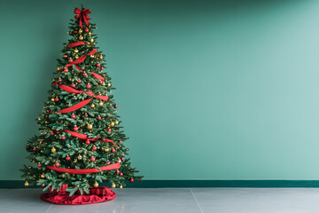 Decorated Christmas tree on green night background. Happy Holidays. Leave space for text.