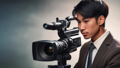 Fototapeta premium Close-up of a cameraman operating a professional video camera