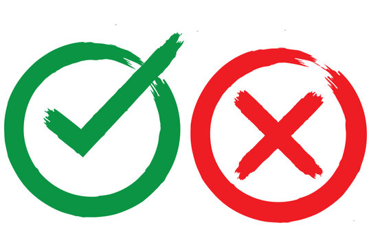 Two dirty grunge cross x and tick OK check marks in check boxes, hand drawn with brush strokes vector illustration isolated on white background. Check mark symbol NO and YES buttons for web vote, etc