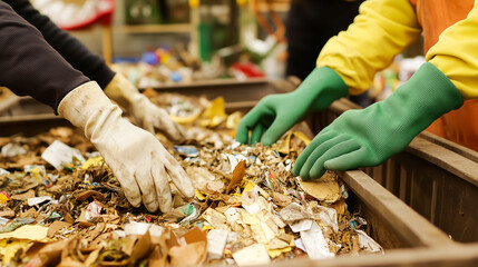 Three people are sorting through trash. One of them is wearing a yellow shirt. The trash is in a bin