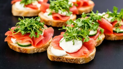 Gourmet Smoked Salmon Appetizers on Toasted Bread with Fresh Herbs and Cream Cheese - Perfect for Parties and Elegant Dinners