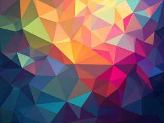 Obraz premium A vibrant, geometric abstract background made of multicolored triangles. The light source should be located in the upper right corner of the image, creating dynamic shadows and a sense of depth.