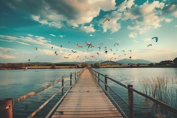 Fototapeta premium Beautiful greeting card with colorful kites soaring high above vibrant sky to holiday composition