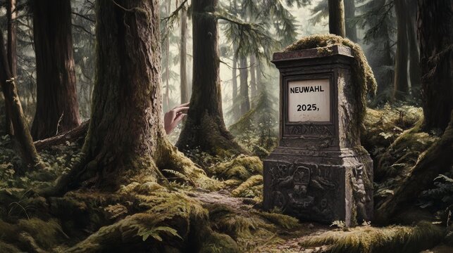 Mysteri&ouml;ses Grab in einem &uuml;ppigen Wald Ein Steindenkmal mit NEUWAHL 2025 Mitten unter alten B&auml;umen und Moos