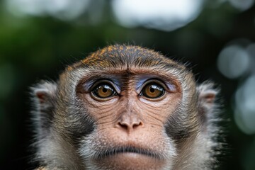 Obraz premium Chimpanzee portrait on dark background, close-up. Generative AI. Beautiful simple AI generated image