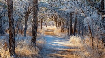 Serene winter pathway through frosty trees and golden grasses.