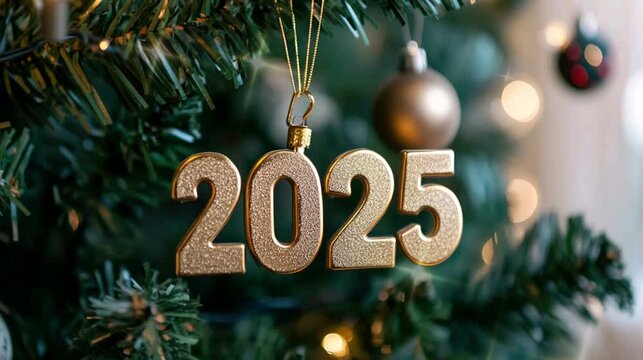 Number of 2025 on the Christmas tree with sparkling effect for New Year Eve celebration dan Christmas Day video footage.