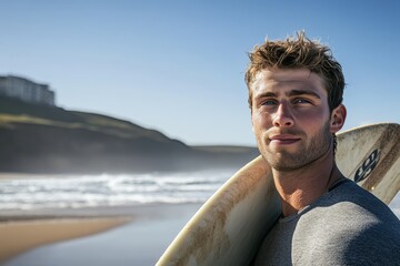 Curly-haired surfer sitting on the beach sand and looking at the seascape captured from behind. Beautiful simple AI generated image