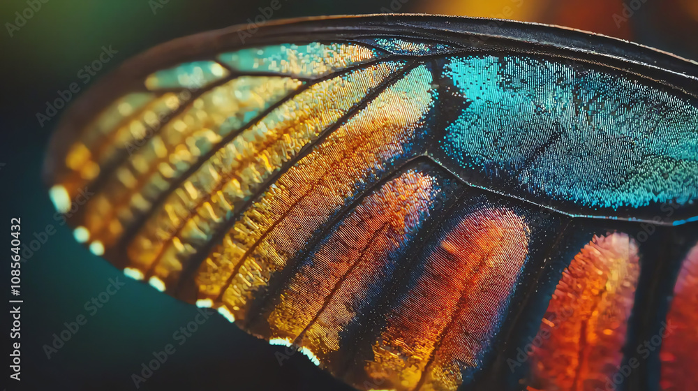 Poster close-up view of a butterfly wing showcasing vibrant scales in intricate patterns during a bright su