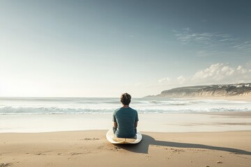 Curly-haired surfer sitting on the beach sand and looking at the seascape captured from behind. Beautiful simple AI generated image