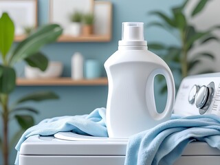 Laundry detergent plastic container placed on top of a white washing machine in a laundry room