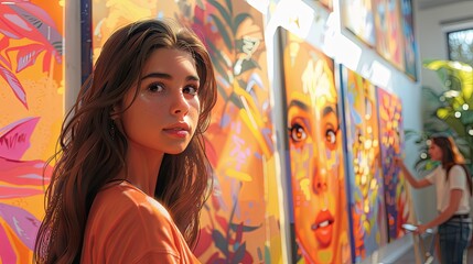 Fototapeta premium In a vibrant art studio, students paint on canvases, their faces filled with concentration and creativity. The walls are lined with colorful artwork, and the instructor moves between the students, off
