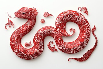 Obraz premium Red paper-cut style snake symbolizing the Chinese zodiac, featuring simple lines, spirals, and traditional elements on a white background. Chinese New Year celebration concept.