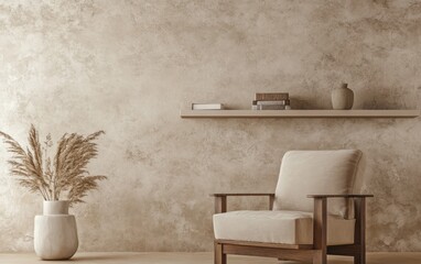 Minimalist interior with beige armchair, pampas grass, and wall shelf, modern home decor concept