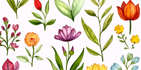 Watercolor spring pattern. Spring flowers watercolor background. Concept of spring and the arrival of spring. Watercolor botany background.