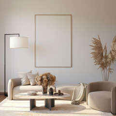 Frame mockup, ISO A paper size. Living room wall poster mockup. Interior mockup with house background. Modern interior design. 3D render