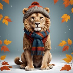 Obraz premium Majestic Lion in Winter Wonderland: A Cozy Autumnal Portrait of a King