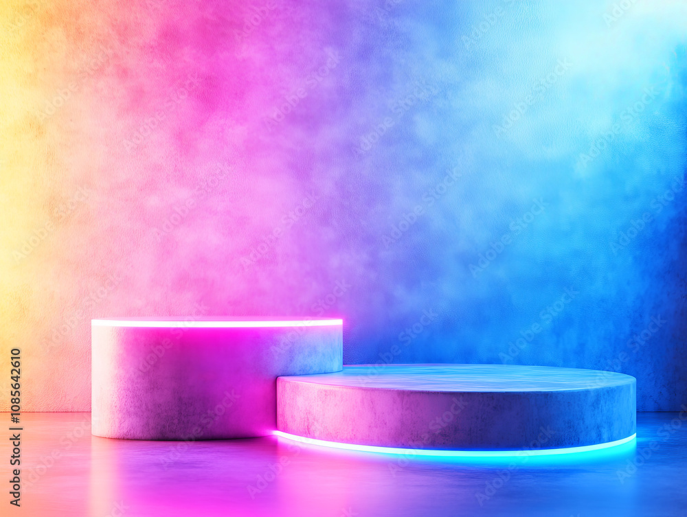 Poster vibrant abstract background with neon glowing circles and colorful gradient walls for modern creativ