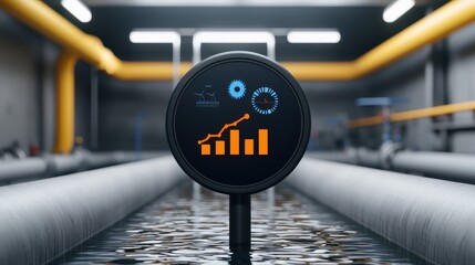 Modern Digital Gauge in Industrial Setting Reflecting Data and Trends, with Bar Graphs and Indicators in Water-Purification Facility for Monitoring Process Efficiency