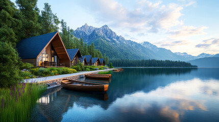 Naklejka premium Serene Lakeside Cabins Amidst Majestic Mountains and Lush Greenery, Perfect Retreat for Nature Lovers Seeking Peace and Tranquility in the Great Outdoors