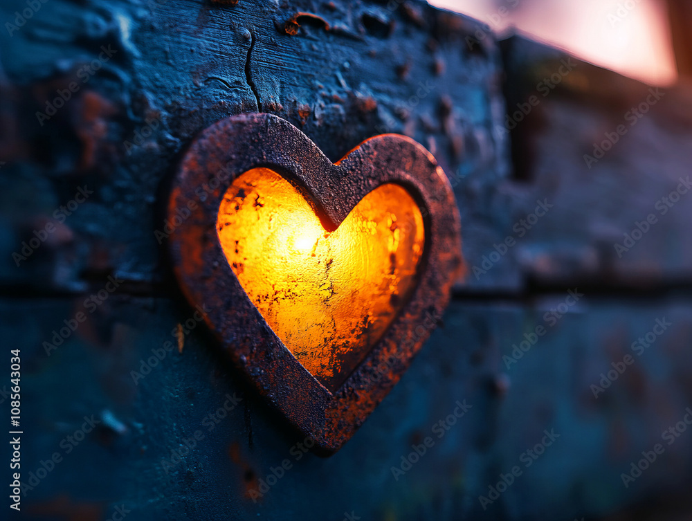 Aufkleber rustic metal heart with warm glow illuminating through weathered surface, symbolizing love and affec