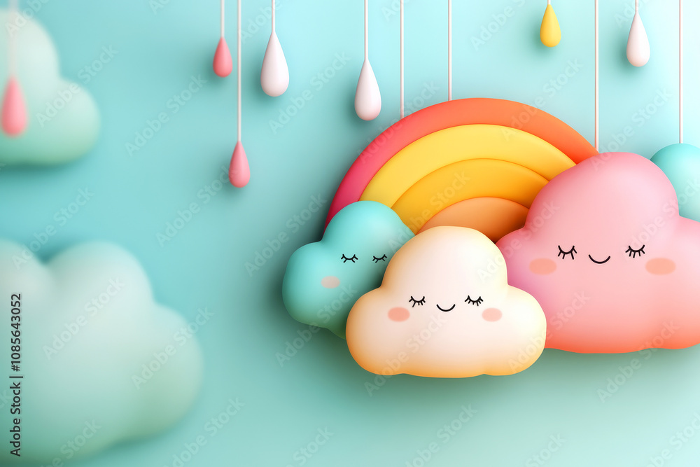 Poster playful colorful clouds and rainbow with smiling faces in a whimsical dreamy sky environment ideal f