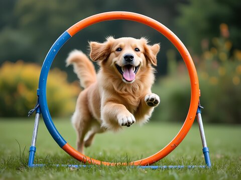 Cute brown golden retriever dog jumping through a round hoop in a green field