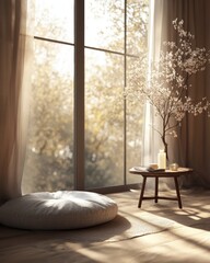Fototapeta premium A room with a window and a white pillow on the floor