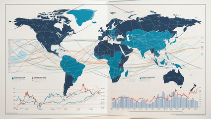 Global map with financial charts illustrating economic risk and forecasts, showcasing interconnectedness across regions and trends in data analysis