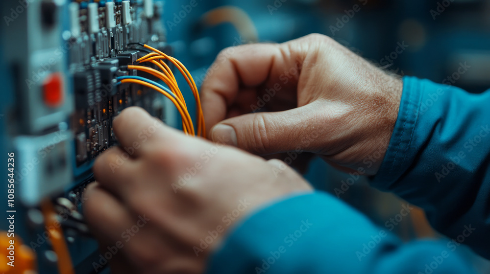 Aufkleber close-up of hands connecting wires in a control panel, showcasing precision, skill, and technical ex
