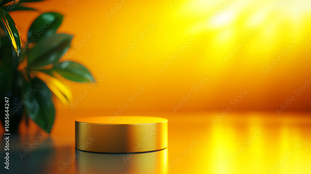 Poster bright yellow circular object on a reflective surface with soft green leaves and a warm yellow backg