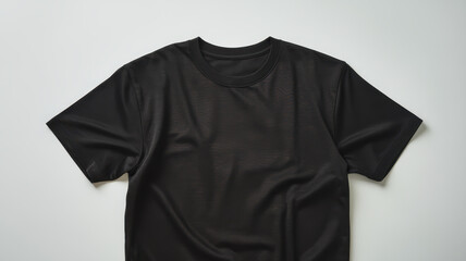 A sleek black t-shirt laid flat on a clean, neutral background, showcasing its smooth texture and modern design.