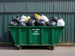 Large green dumpster fully filled with trash beside a building