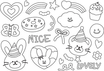 Cute outlines of bunny, teddy bear, rainbow, heart, butterfly, donut, cupcake, party hat, cloud for cartoon character, comic, mascot, sweet dessert, happy easter, kid colouring book, art, painting