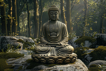 Obraz premium Greeting card with ancient statue great Buddha on holiday composition