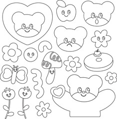 Outlines of teddy bear, apple, butterfly, flower, mushroom, heart for cartoon character, comic, mascot, animal print, zoo, picnic, spring, summer, nature, garden, kid colouring book, art, painting